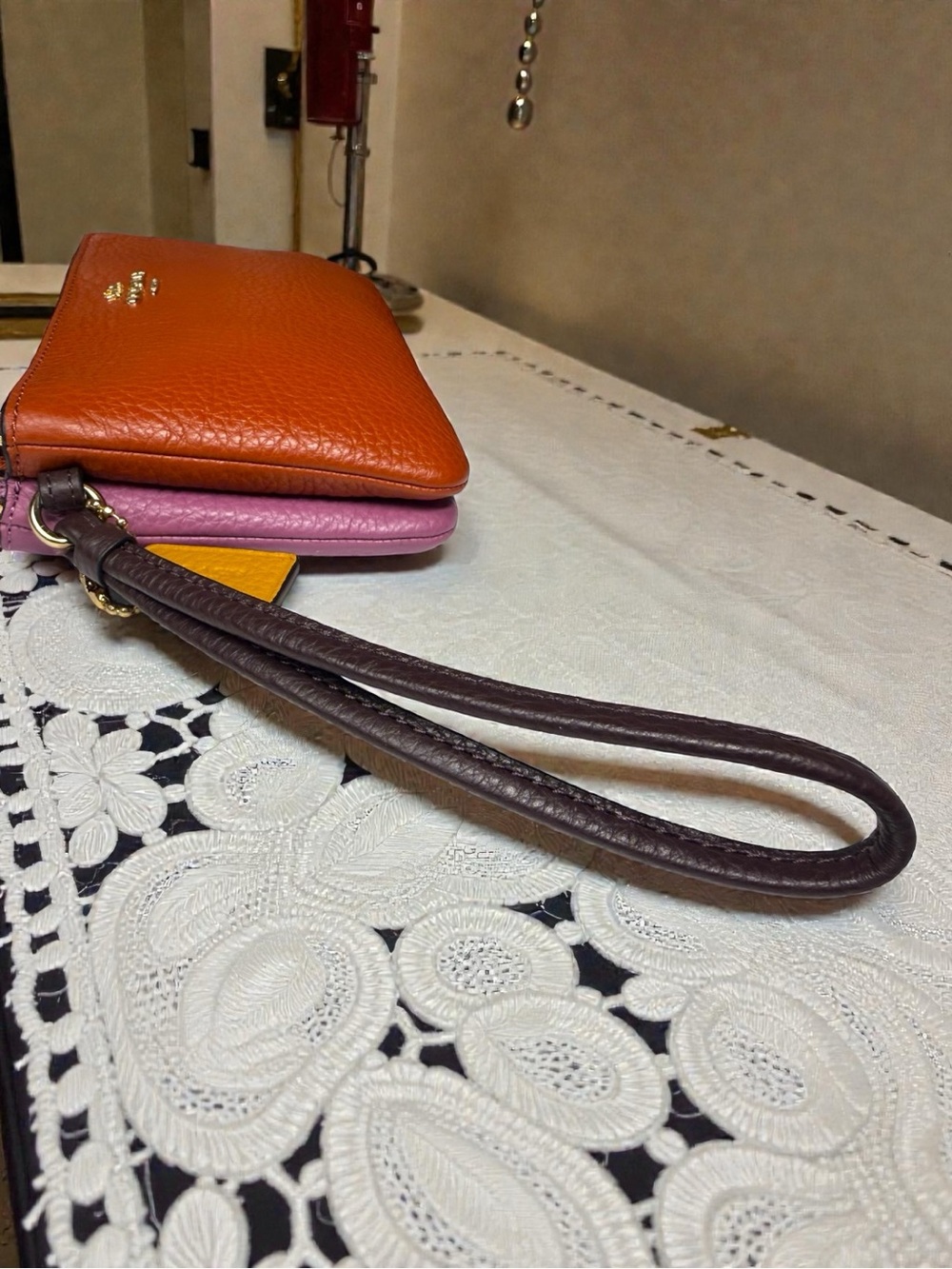 NWT Coach Pebbled Leather Double Zip Wristlet Colorblock Burnt Orange Pink $98 - Picture 13 of 15